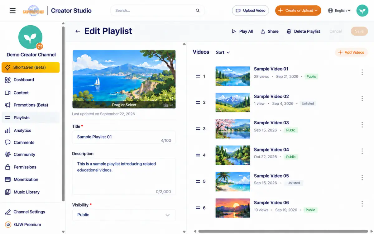 Edit playlist: cover, title, description, and visibility on the left; content on the right. Play all, Share, and Delete playlist are at the top. Select Save after editing.