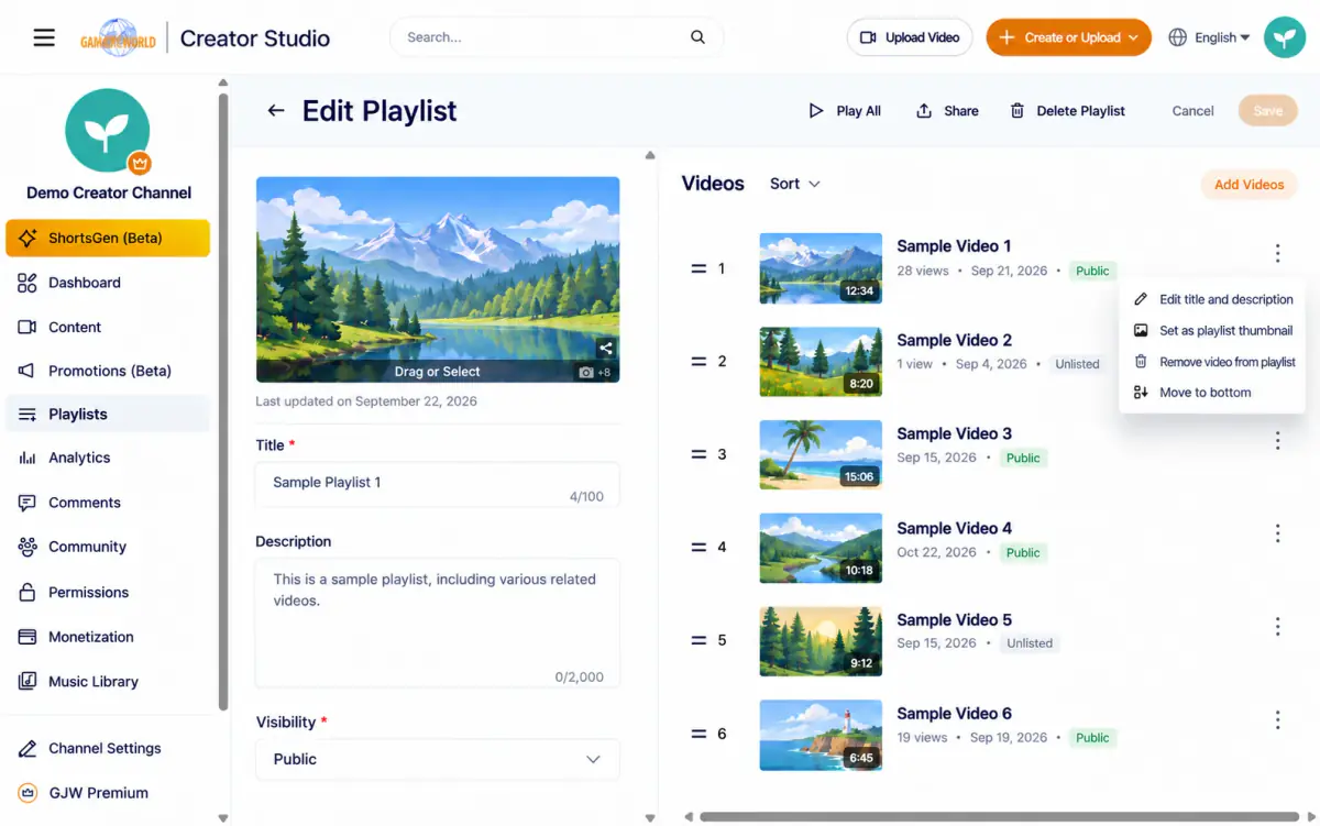 Item actions: Edit title and description, Set as playlist thumbnail, Remove video from playlist, and Move to bottom.