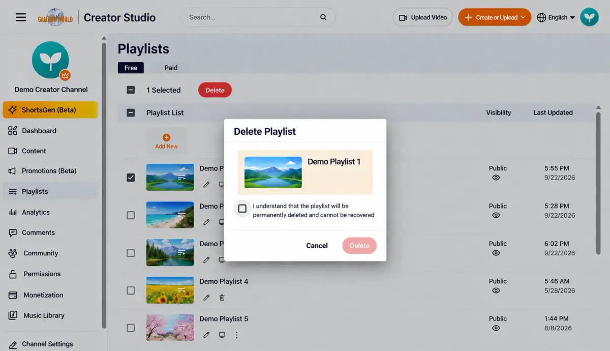 Delete playlist shows the playlist name and thumbnail. Acknowledge that deletion is permanent before the Delete button becomes available.
