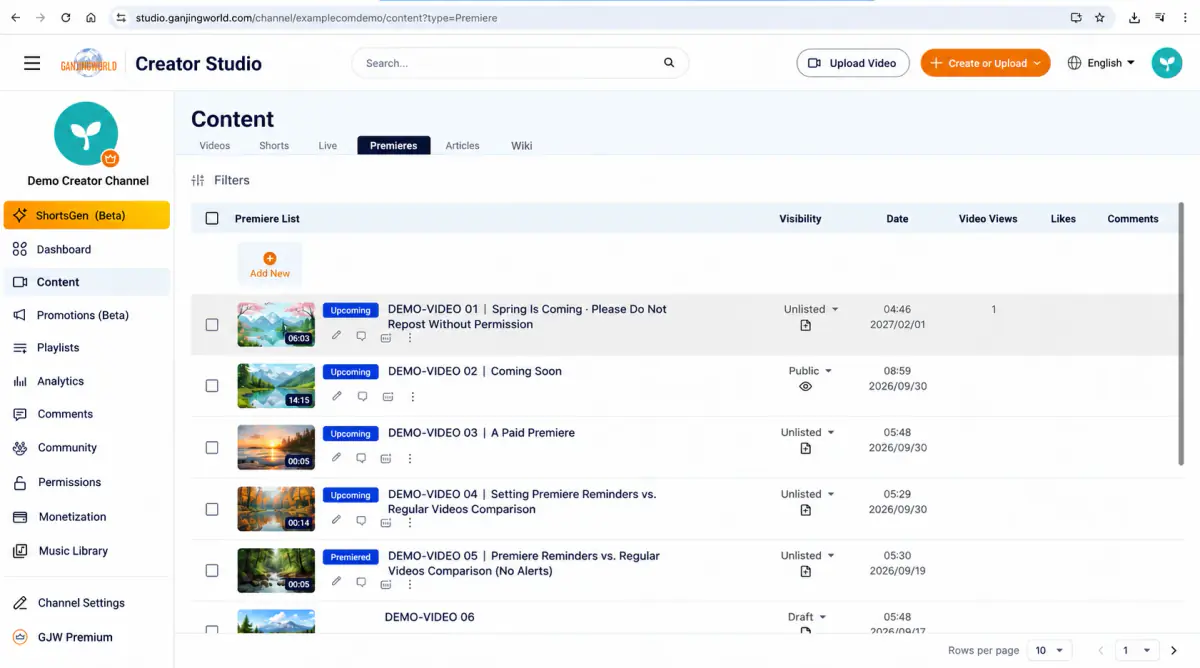 Manage existing premieres in Content → Premieres.