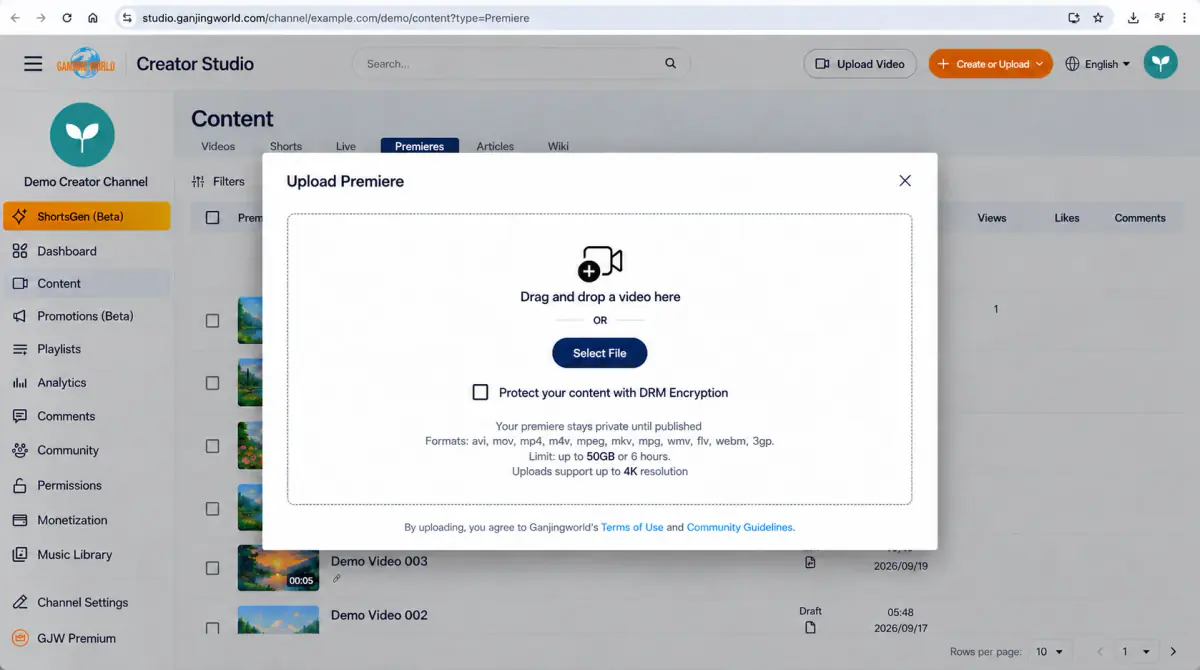 Select the video to upload for a premiere.