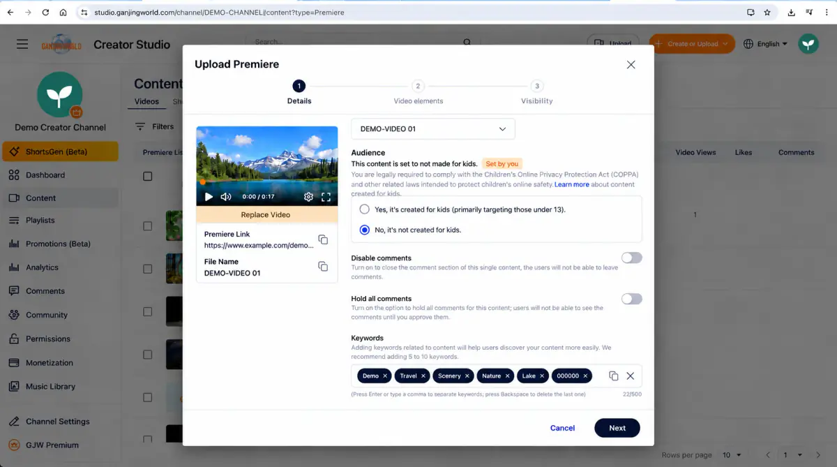 Audience settings, comments, and keywords.