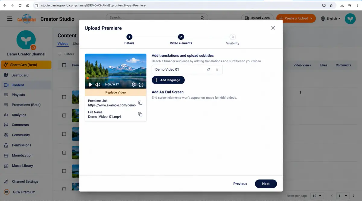 Video elements: add translations and upload subtitles.