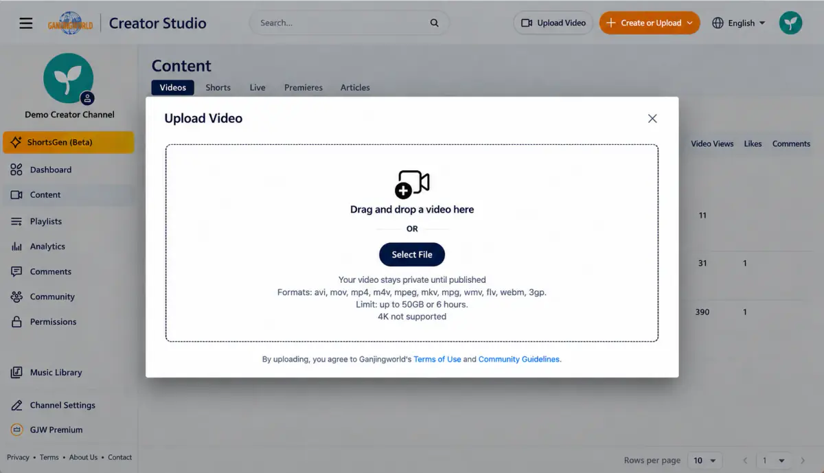 Video step 1 Select a file. The upload dialog lists format, size, and duration limits.