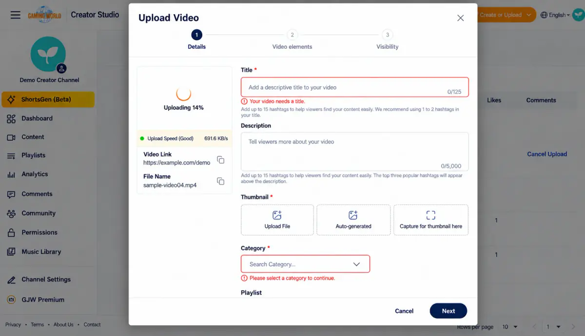 Complete the title, description, thumbnail, and category. Red validation messages mark incomplete fields; instructional red boxes highlight where to act.