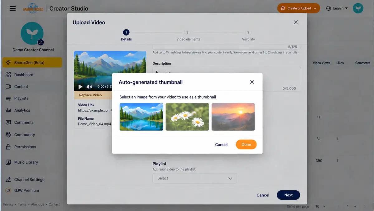 Auto-generate thumbnail Choose a suggested video frame and select Done.