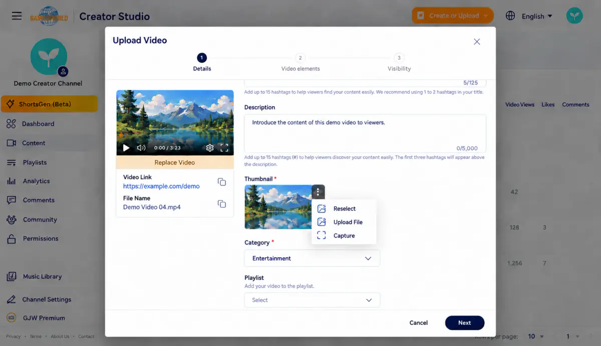 Replace a thumbnail Open ⋮ at the top right and choose Reselect, Upload file, or Capture frame.
