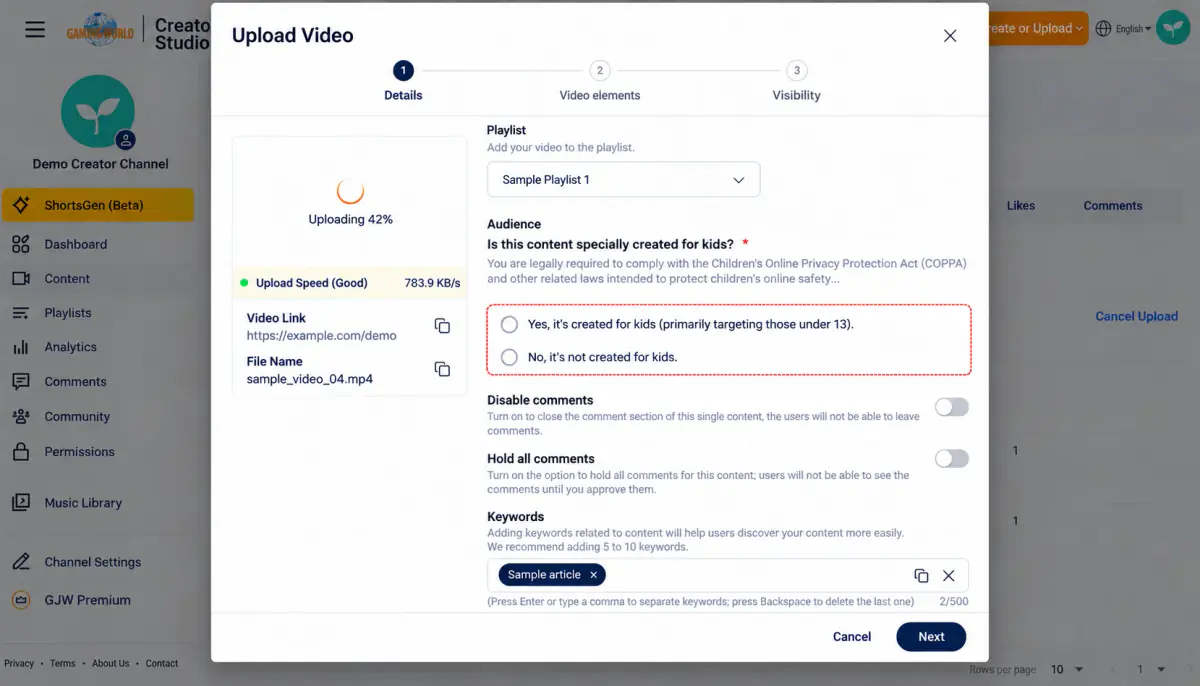Video step 3 Indicate whether the content is made for children, then configure comments and keywords.