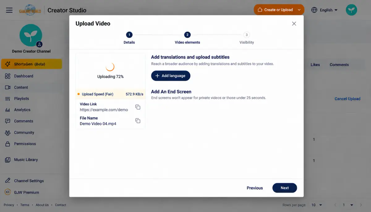 Video step 4 Add languages and subtitles in Video elements, then select Next.