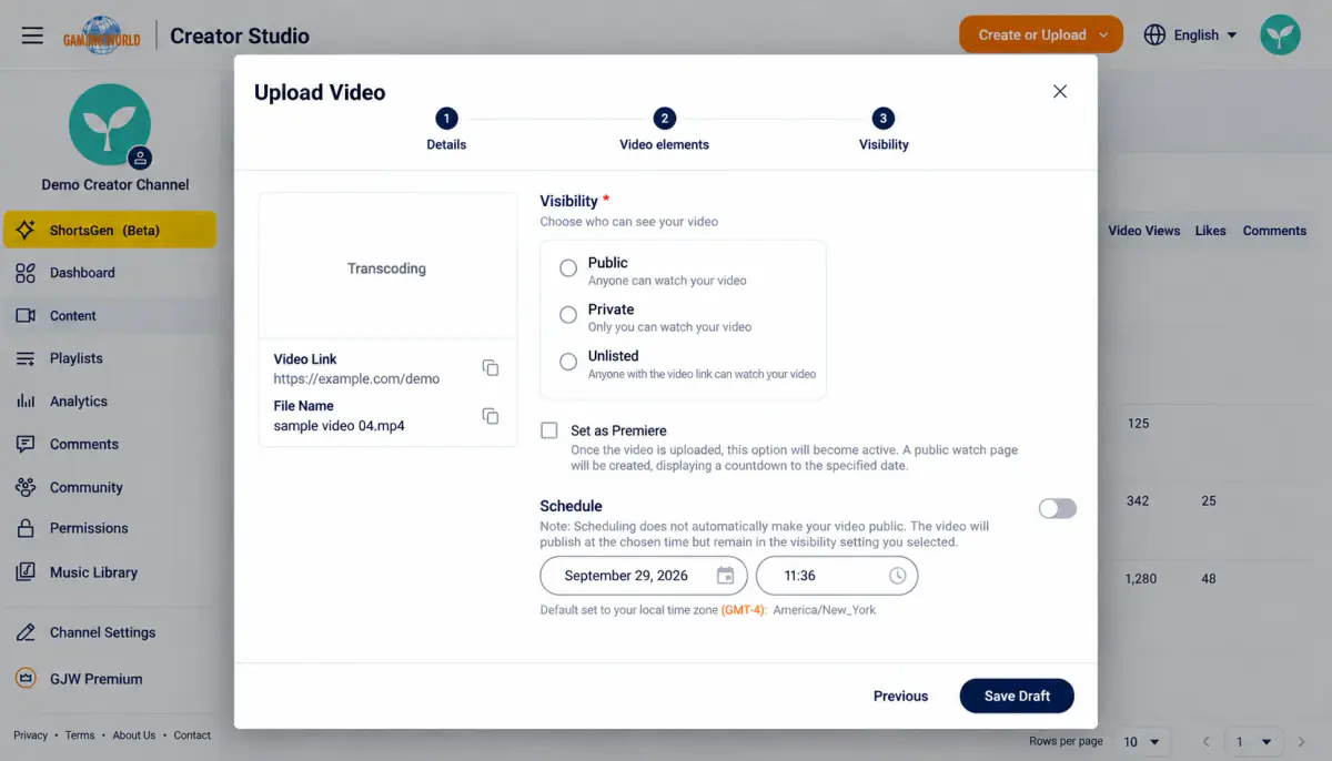 Video step 5 Visibility controls viewer access; Schedule below it controls publication time. In this example, no visibility option is selected and processing is still in progress.