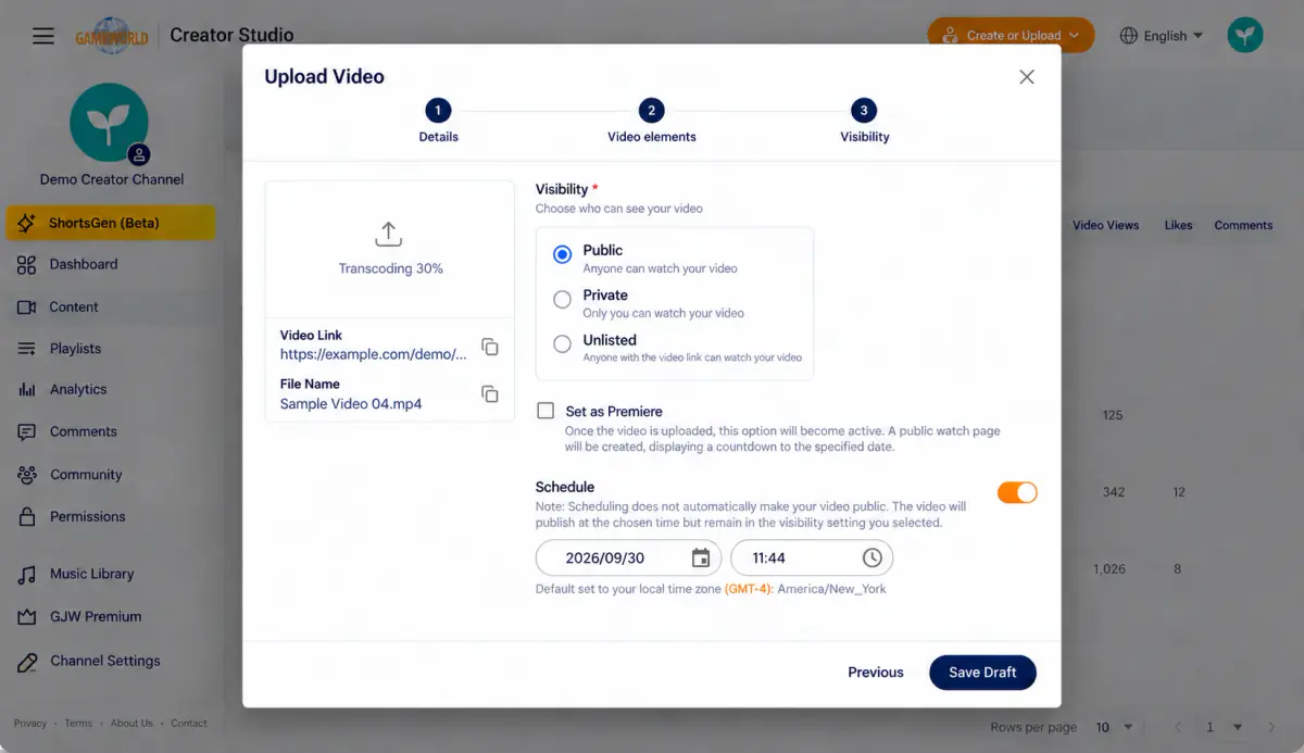 Video step 6 Public is selected and Schedule is on. The example is September 30, 2026 at 11:44, America/New_York (GMT−4). Processing is still in progress; this alone does not confirm scheduling is complete.