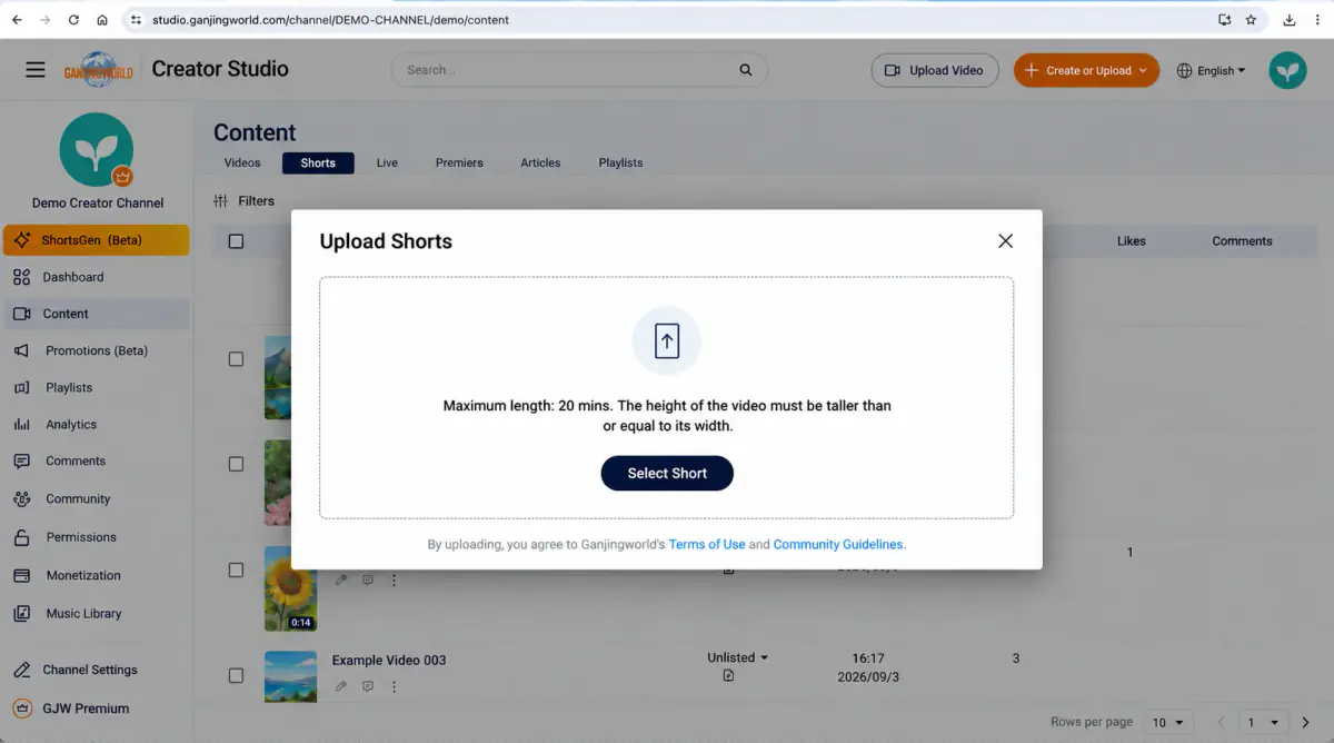 File selection in Upload short.