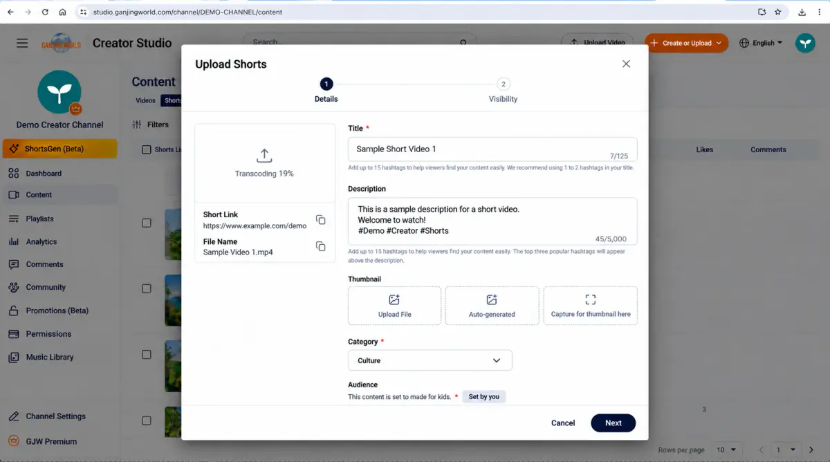 Enter title, description, thumbnail, and category while the video processes.