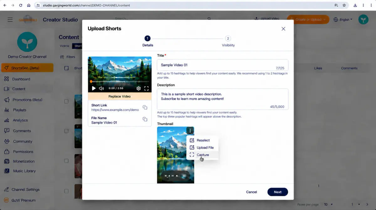 Reselect a thumbnail, upload a file, or capture a video frame.