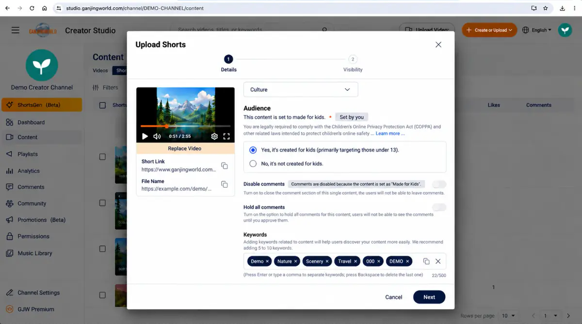 Audience settings affect some interaction features. This example selects Made for children.