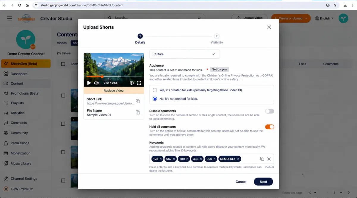 Comment controls are visible after selecting Not made for children.