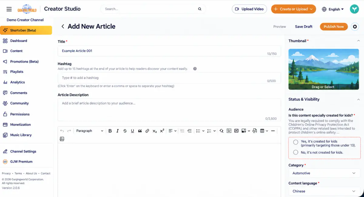 Add new article. Write on the left; set thumbnail, audience, category, and content language on the right.