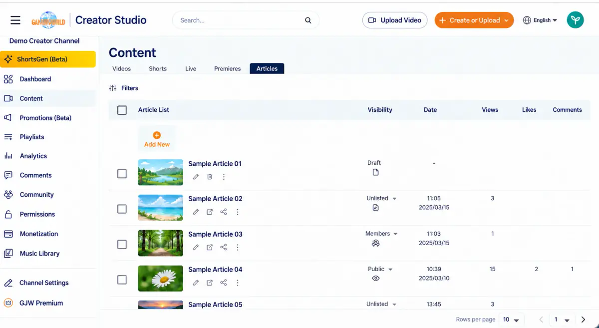 Content → Articles shows each article’s status or visibility: Draft, Unlisted, Members only, or Public.