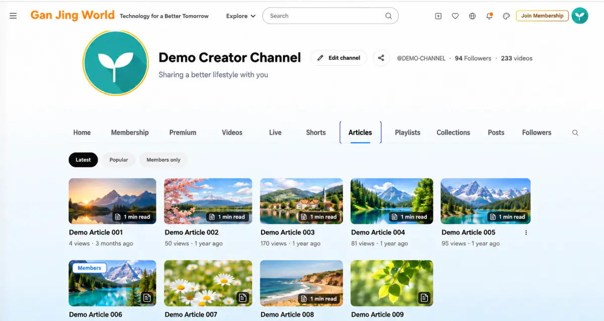 The channel’s Articles tab: visible content still depends on each article’s access settings and the viewer’s eligibility.
