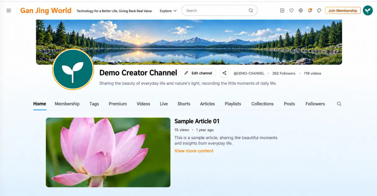 An article on the channel homepage, with its title, summary, and Show more link.