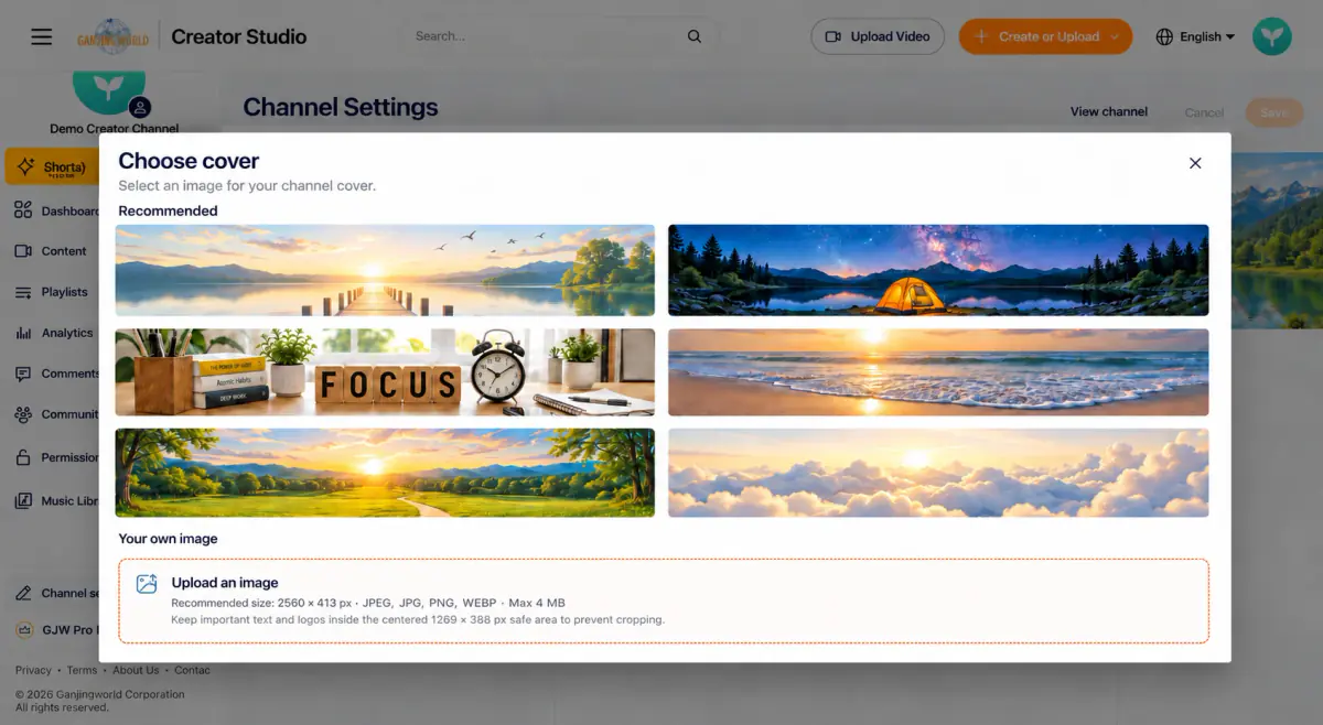 Banner step 2 Choose banner offers recommended images and an Upload image option.