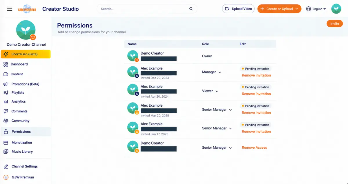 Permissions list: use Remove access for existing members. For pending invitations, use Remove invitation to cancel the invite.