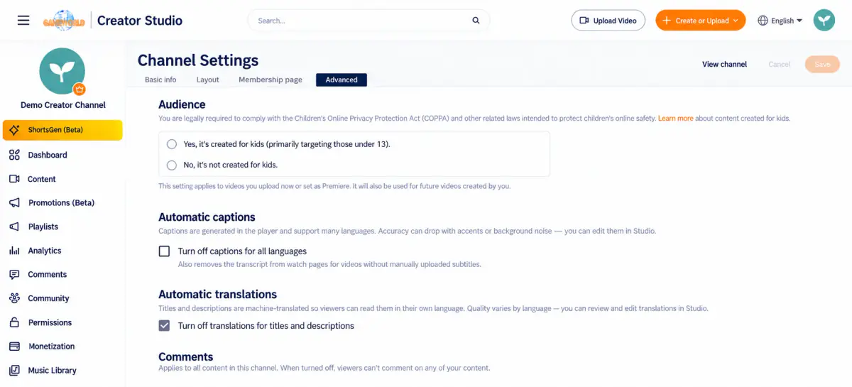Advanced settings: upload defaults and channel-wide controls have different scopes. Configure them separately.