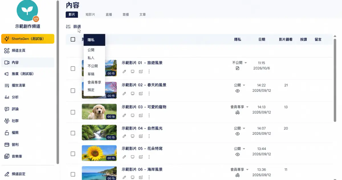 篩選面板展開,列出隱私選項