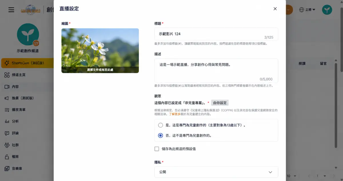 儲存為此頻道的預設值勾選框