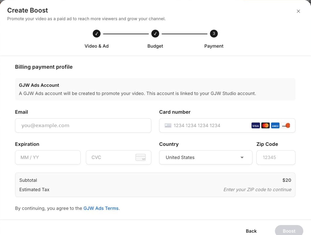 Create Boost 視窗的 Payment 步驟，顯示 Billing payment profile 表單，包括電子郵件、卡號、到期日、CVC、國家及郵遞區號欄位，以及小計和預估稅額